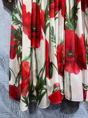 High Quality Designer Real Silk With Belt Safflower Print Midi Dresses