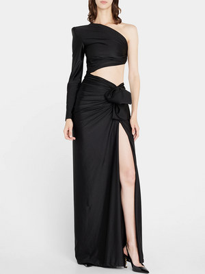 Diagonal Collar One-Shoulder High Slit Ruched Design Dress