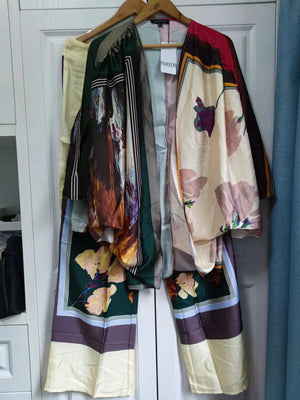 Kimono Style Long Sleeve Sleepwear Silk 2 Pieces Print Vintage Pijamas Suit