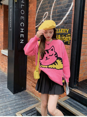 Knitted loose Cartoon Cat Sweater