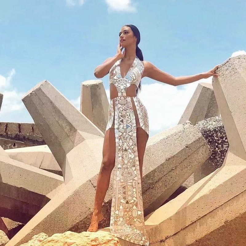 Sparkly Rhinestones Mirrors High Split Long Dress