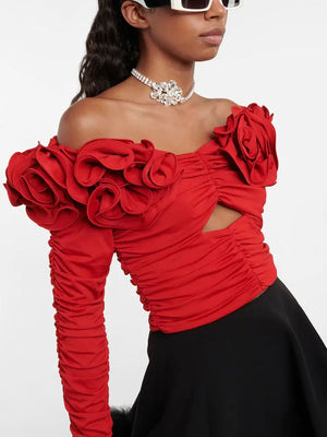 Red Black Short Off Shoulder Stretch Sexy Pleated Hollow out Flower Top