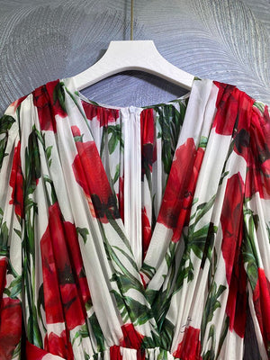High Quality Designer Real Silk With Belt Safflower Print Midi Dresses