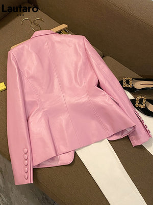 Luxury Pink Soft Pu Leather Blazer