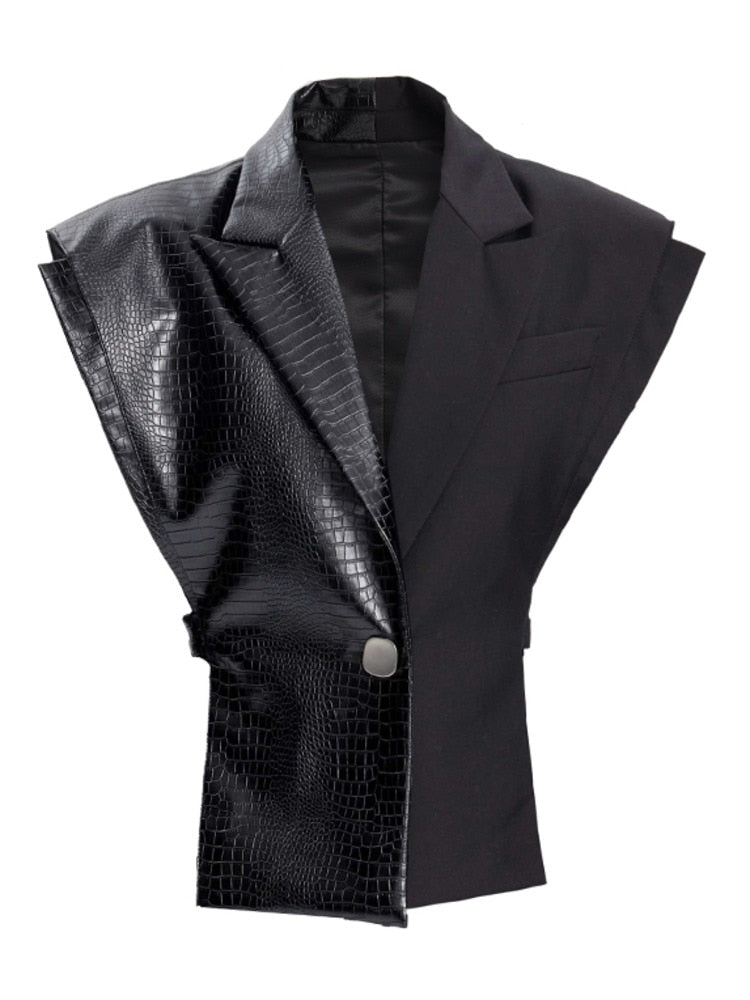 Vest Notched Collar Metal PU Leather Patchwork Waistcoat