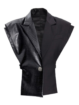 Vest Notched Collar Metal PU Leather Patchwork Waistcoat