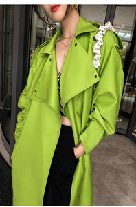 Luxury Oversized Bright Green Faux Leather Trench Coat