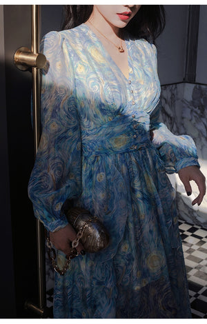 Vintage Painting Artistic Van Gogh Print Ruffles Chiffon Dresses