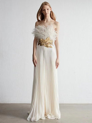 High Quality Luxury Feather Beads Pleated Strapless Dress