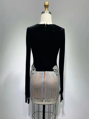 Velvet Luxury Beaded Tassel Sequins Dress
