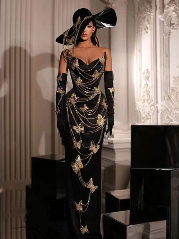 Off the Shoulder Bow Diamond Chain Bodycon Dress Gloves Velvet