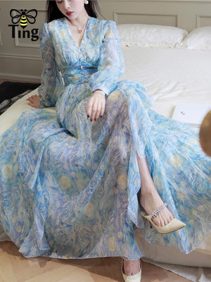 Vintage Painting Artistic Van Gogh Print Ruffles Chiffon Dresses