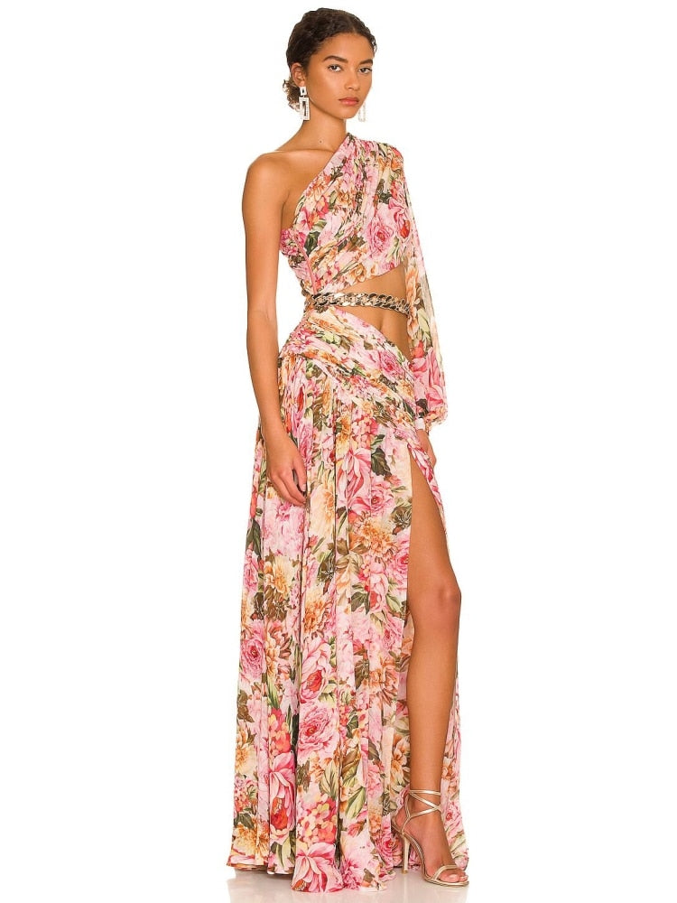 Floral Print One Shoulder Maxi Dress