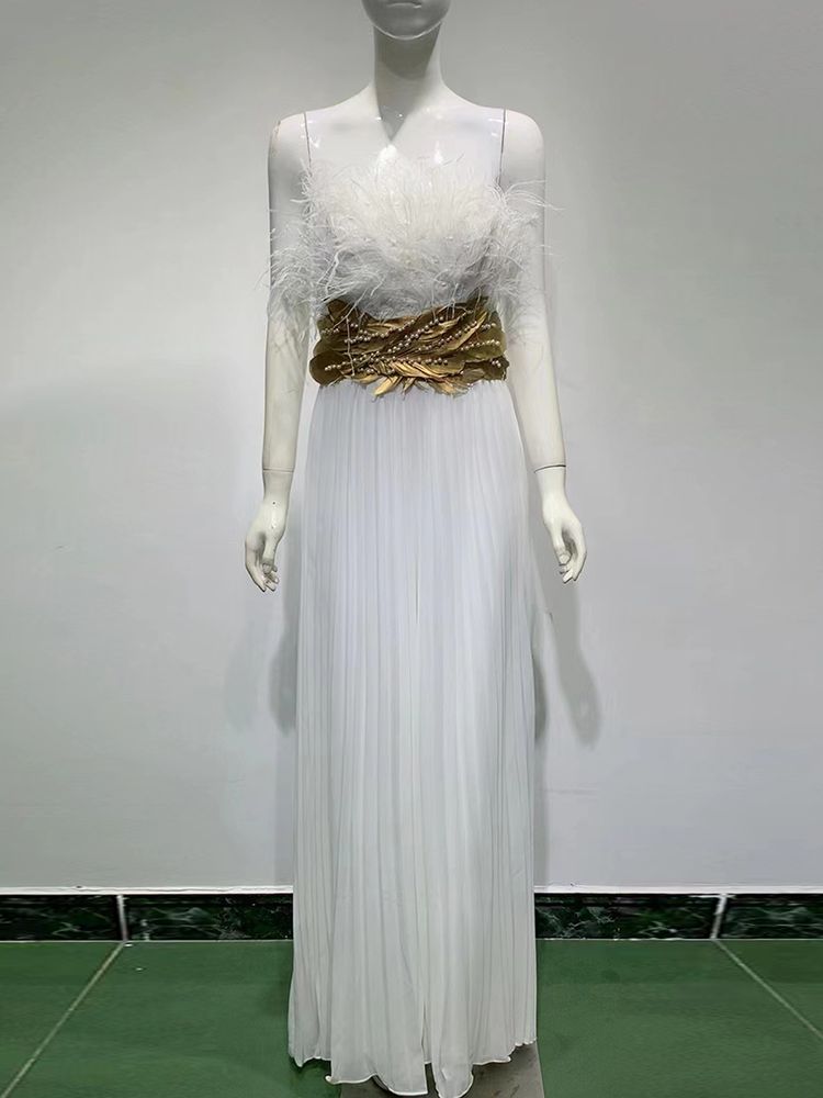 High Quality Luxury Feather Beads Pleated Strapless Dress