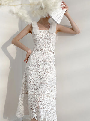 France Elegant Lace White Vintage Dress