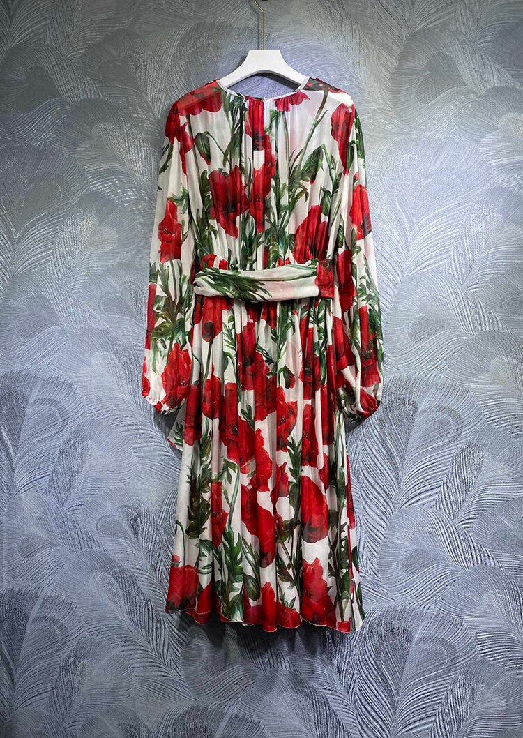 High Quality Designer Real Silk With Belt Safflower Print Midi Dresses