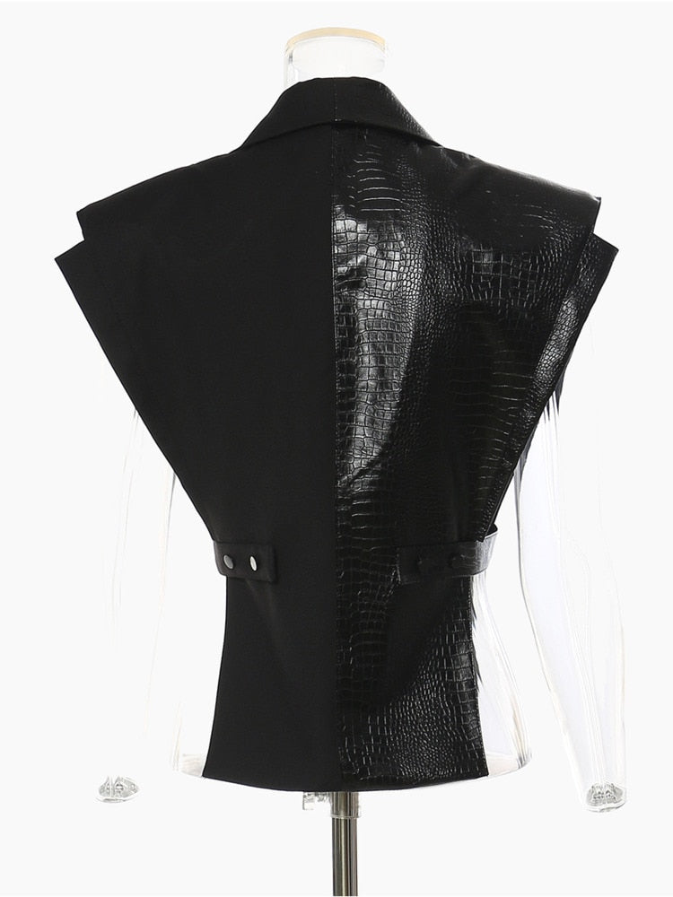 Vest Notched Collar Metal PU Leather Patchwork Waistcoat
