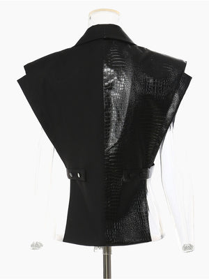 Vest Notched Collar Metal PU Leather Patchwork Waistcoat