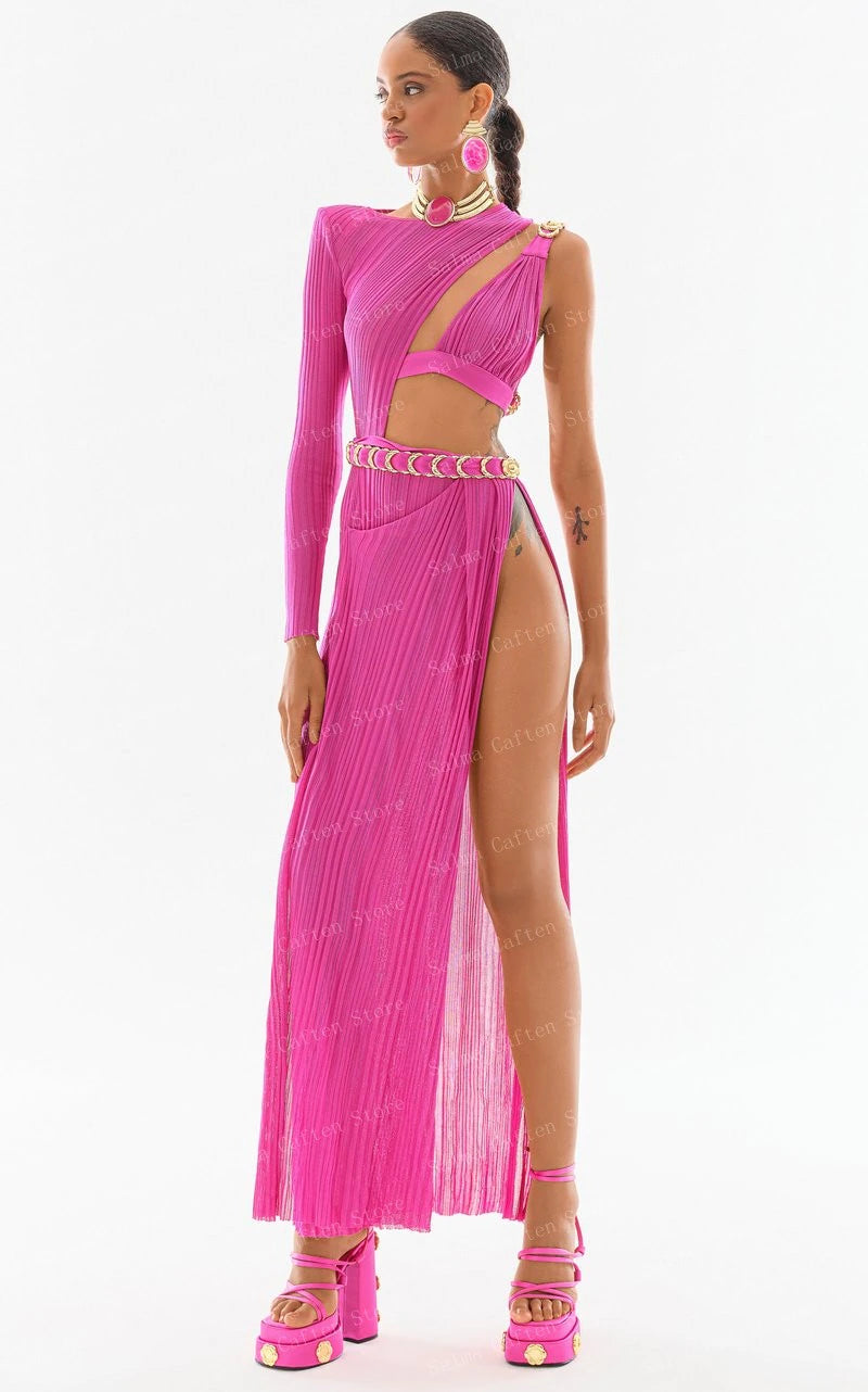 Off Shoulder Pink Satin Dress With Pocket