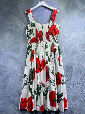 100% Cotton Runway High Quality Red Flowers Print Vintage Sicily Dress