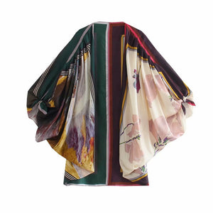 Kimono Style Long Sleeve Sleepwear Silk 2 Pieces Print Vintage Pijamas Suit