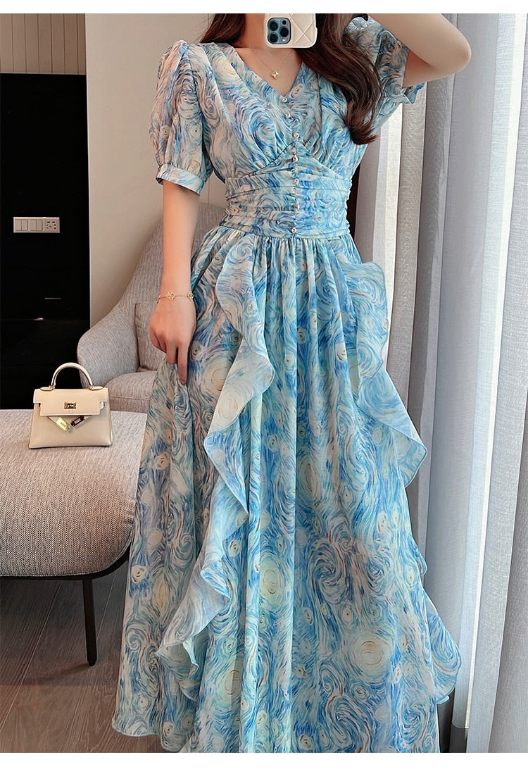 Vintage Painting Artistic Van Gogh Print Ruffles Chiffon Dresses