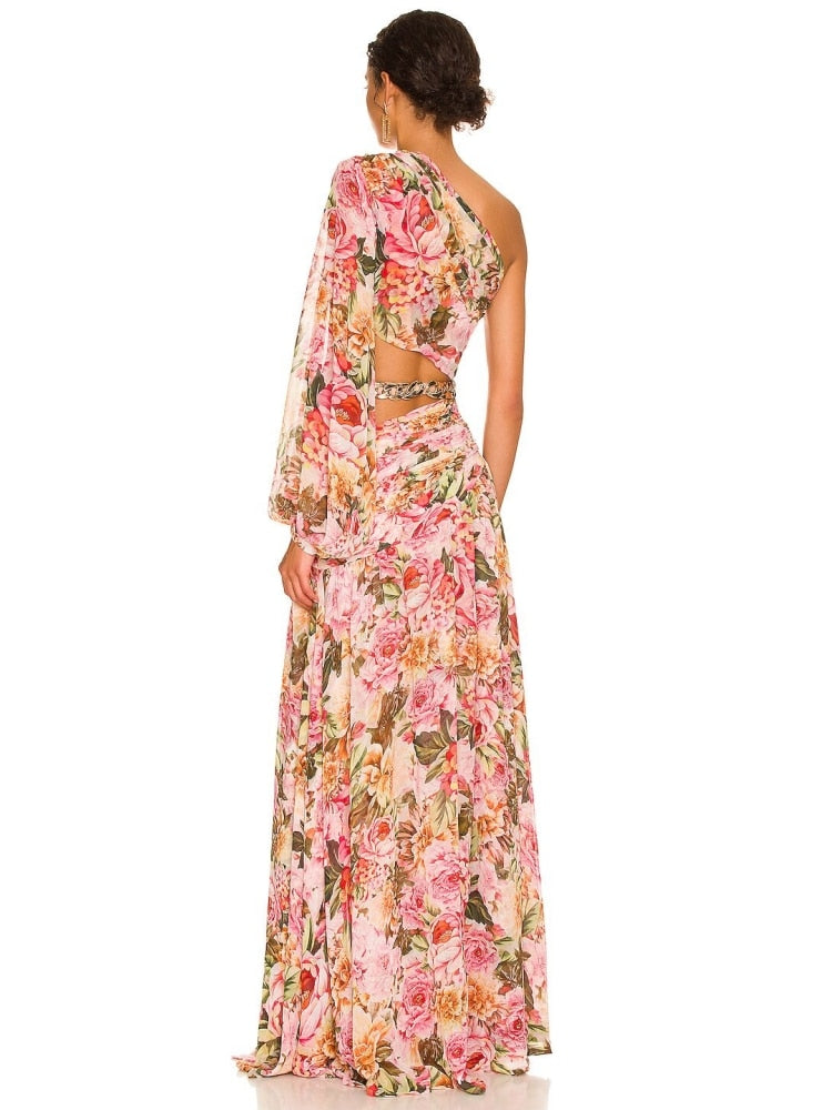 Floral Print One Shoulder Maxi Dress