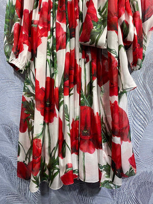 High Quality Designer Real Silk With Belt Safflower Print Midi Dresses