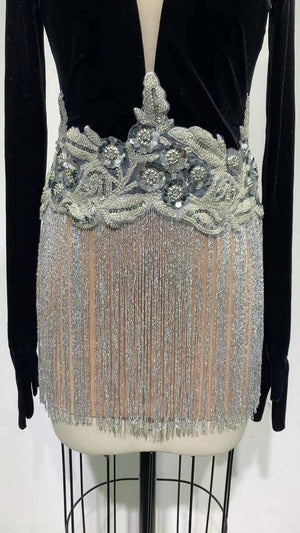 Velvet Luxury Beaded Tassel Sequins Dress