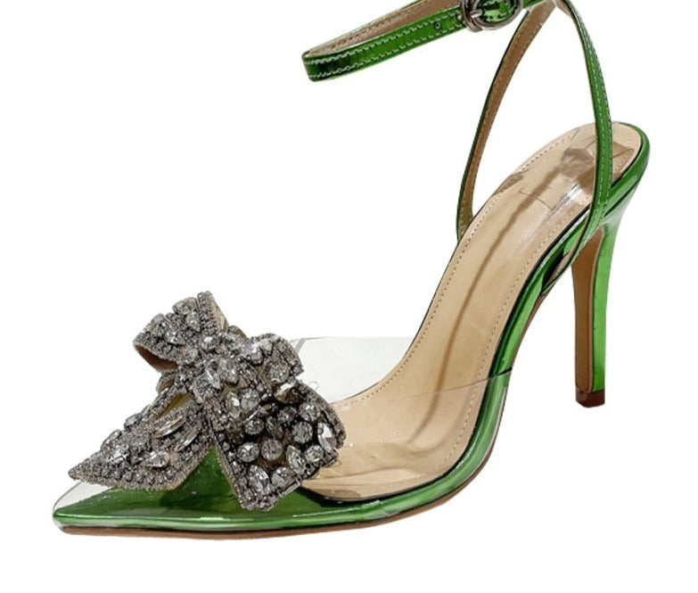 Green Transparent PVC Butterfly-knot Rhinestone Slingbacks Shoes