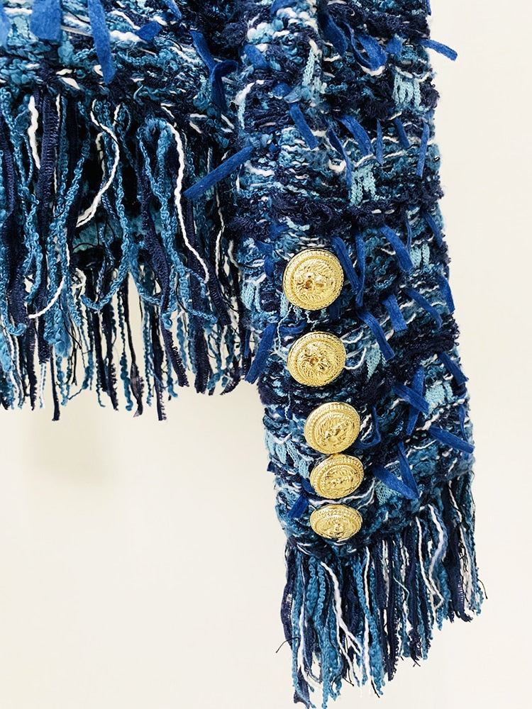 Designer Lion Buttons Embellished Tassel Knit Cardigan