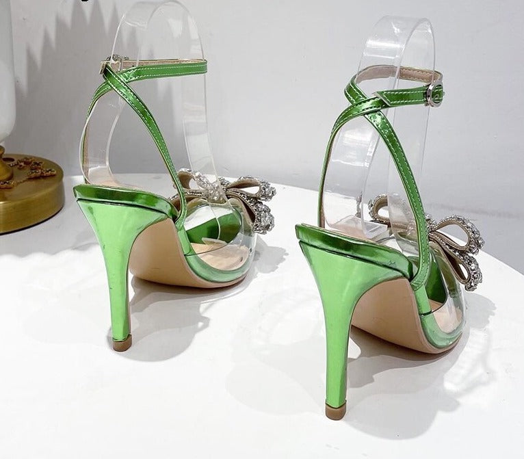 Green Transparent PVC Butterfly-knot Rhinestone Slingbacks Shoes