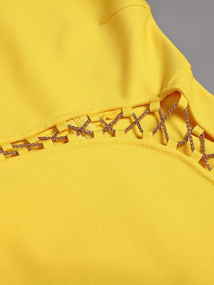 Yellow Chain Hollow Sleeveless High Split Bandage Dress