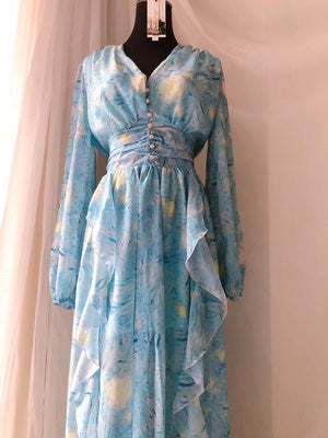 Vintage Painting Artistic Van Gogh Print Ruffles Chiffon Dresses