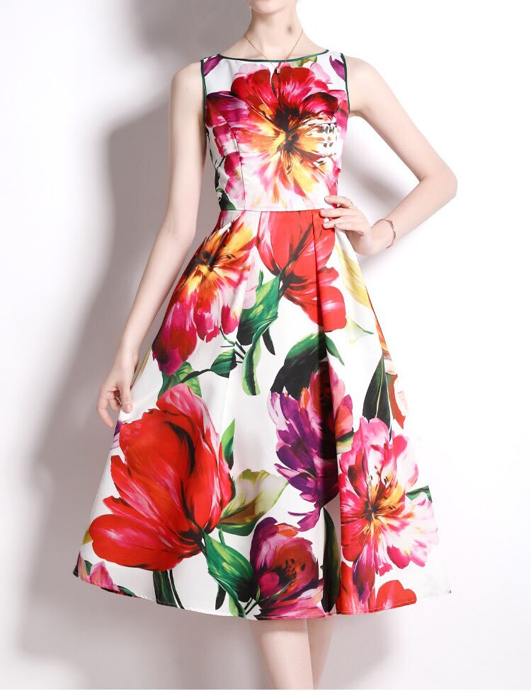 Design Gowns Flower Print Midi Tank Runway Slim Elegant Vintage Dress