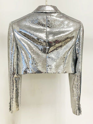Stylish Designer Suit Glitter Sequin Crop Short Jacket Skirt Suit 2pcs