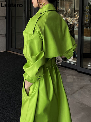 Luxury Oversized Bright Green Faux Leather Trench Coat