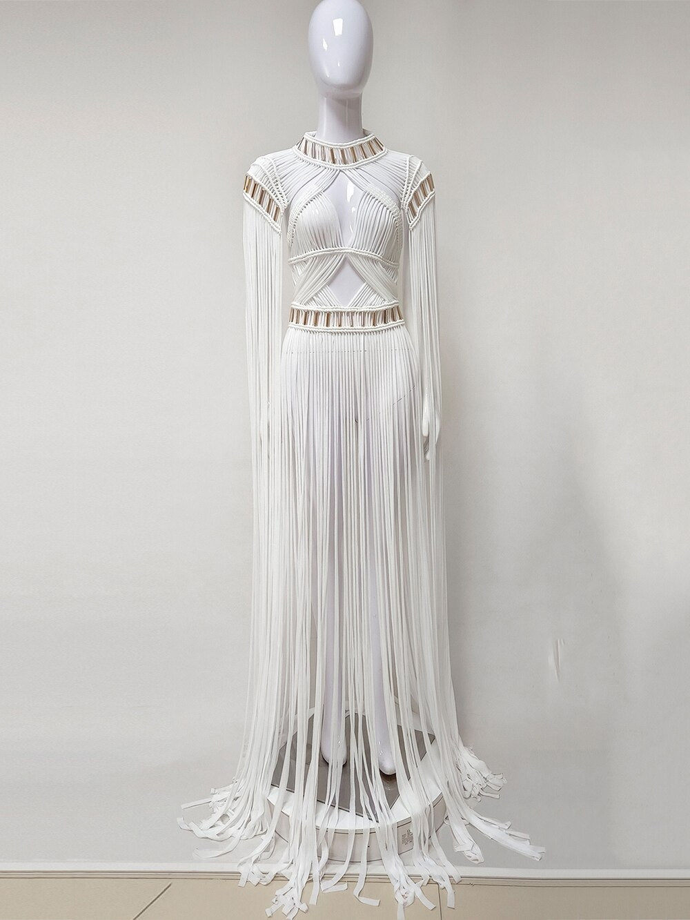 White Turtleneck Long Tassel Design Maxi Dress