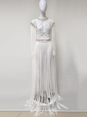 White Turtleneck Long Tassel Design Maxi Dress