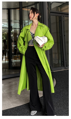 Luxury Oversized Bright Green Faux Leather Trench Coat