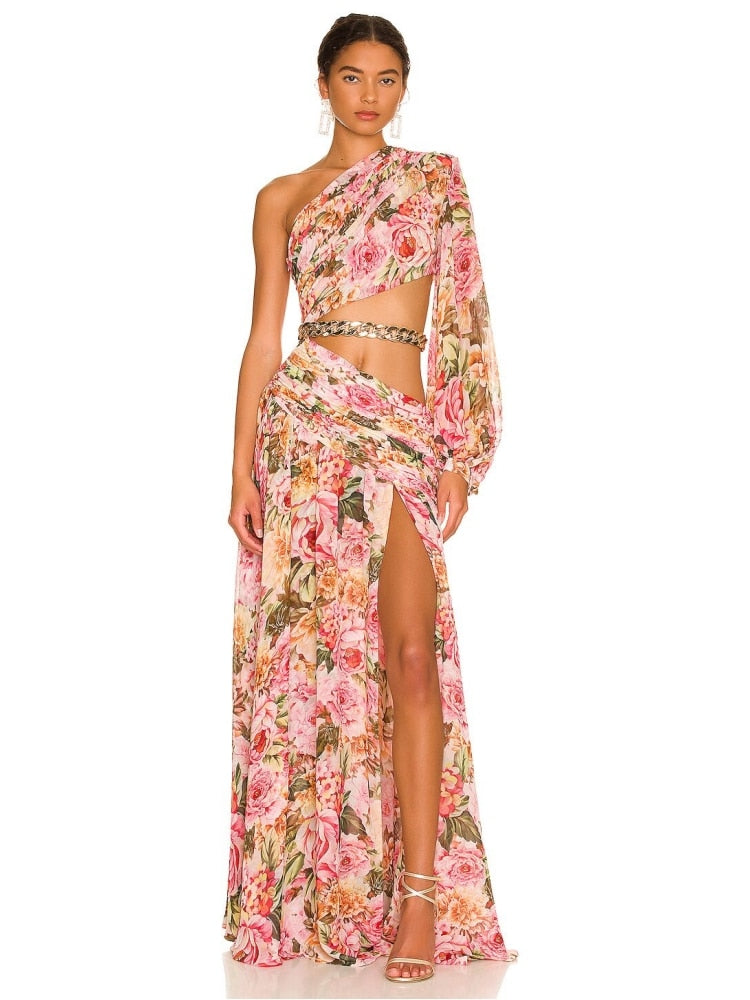 Floral Print One Shoulder Maxi Dress
