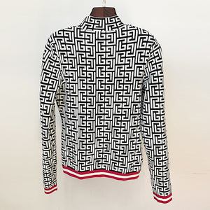 Jacquard Knit Black White Plaid Turtleneck Sweater