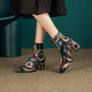 Luxury Embroidered Silk Leather Ankle Boot