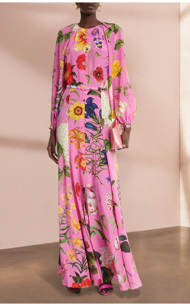 High Quality Runway With Belt Flower Printed Long Dresses