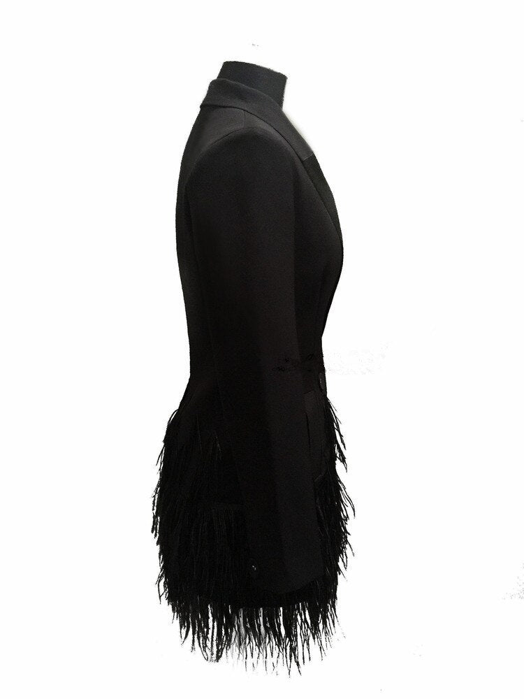 Luxury Runway Double Breasted Sashes Feather Tassel Coat Outerwear