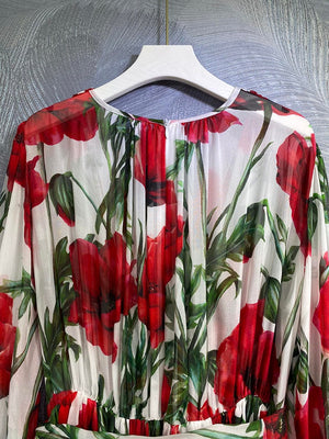 High Quality Designer Real Silk With Belt Safflower Print Midi Dresses