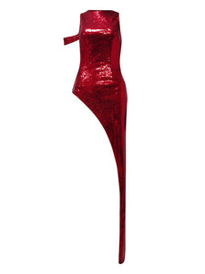 High Quality Burling Red Sequin O Neck Hollow High Slit Bodysuit Elegant Dress