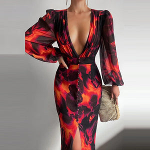 Elegant Print Slim Maxi Dress