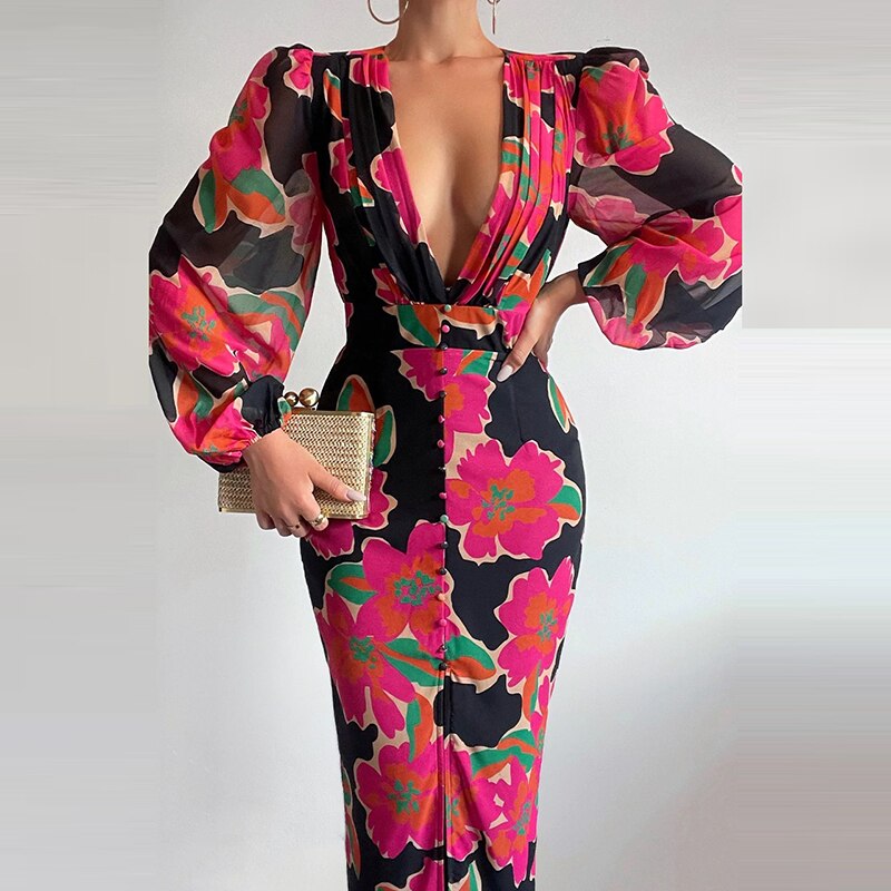 Elegant Print Slim Maxi Dress