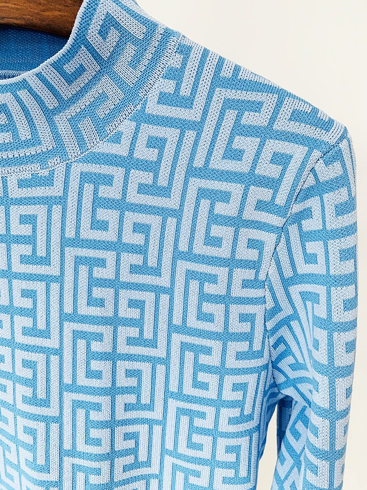 Designer Geometric Monogram Jacquard Knit Pullover Sweater